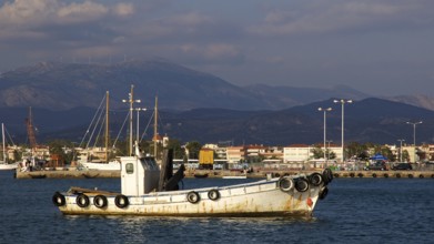 Nauplion harbour, white boat in harbour with mountains in background, Nauplion, Nafplion,