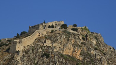 Palamidi fortress, stone castle on a high rock with a clear view of the sky, Nauplion, Nafplion,