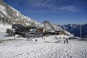 View of the Sonnalpin mountain restaurant on Zugspitzplatt, Grainau municipality,