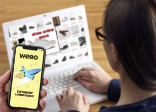 Symbolic image, photo montage, about the European WERO payment service, at online shops, there are