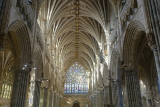 View to west window, vaulted ribbed ceiling inside Exeter cathedral church, Exeter, Devon, England,