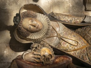 Detail of memorial tomb effigy Lady Dodderidge died 1617, Exeter cathedral church, Exeter, Devon,