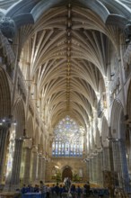 View to west window, vaulted ribbed ceiling inside Exeter cathedral church, Exeter, Devon, England,