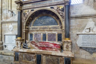 Memorial tomb effigy Bishop Valentine Carey died 1626, Exeter cathedral church, Exeter, Devon,