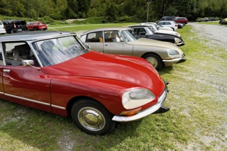 A group of parked vintage Citroën DS cars, classics with aerodynamic design, Chamonix-Mont-Blanc,