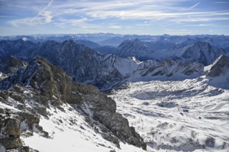 View of the Wetterstein Mountains from the mountain station of the Zugspitz cable car (2962 m),