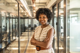 Black businesswoman standing with folded arms and a confident smile, working in a contemporary
