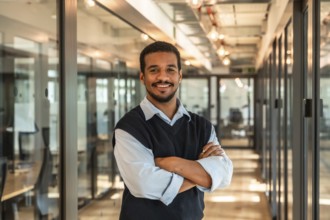 Young confident professional black man smiling and standing with crossed arms in a modern office or