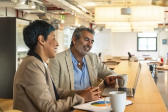 Diverse business colleagues are collaborating on a laptop, sharing ideas and discussing data in a