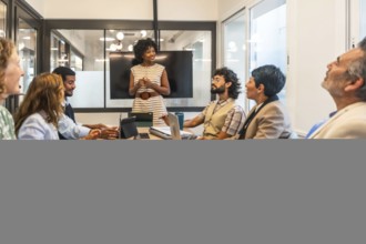 Diverse business professionals conducting a collaborative meeting in a modern office boardroom,