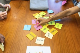 Business team gathered around wooden table arranging colorful sticky notes labeled planning.
