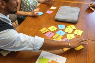 Business colleagues collaborating on a project, organizing ideas on a wooden table with colorful
