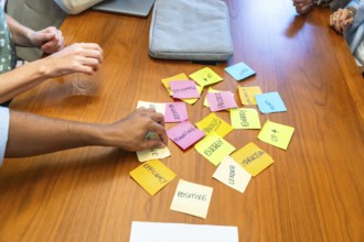 Diverse business colleagues collaborate around a wooden table, arranging colorful sticky notes and