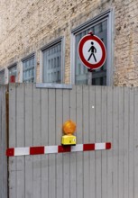 Barriers and signs with traffic signs at road construction sites in Berlin Mitte, Berlin, Germany
