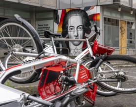 Overturned Deutsche Bahn rental bikes on public roads, Frankfurt am Main, Hesse, Germany