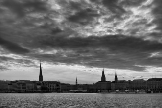 Inner Alster with Jungfernstieg, St. Nikolai church, town hall, main evangelical church St.