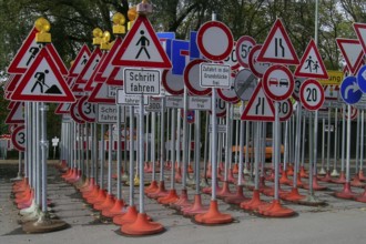 Traffic signs on a building yard in Bavaria, Germany