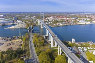 Aerial view over New Rügen Bridge and the old drawbridge at Stralsund along the Strelasund, sound