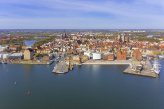 Aerial view over the harbour, port of Stralsund along the Strelasund, sound of the Baltic Sea,