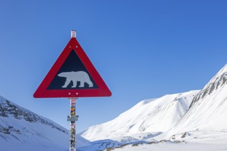 Polar bear warning sign against blue sky, Spitsbergen, Svalbard, Norway