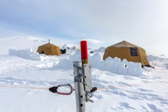 Tripwire warning device armed with blank cartridge from perimeter fence against polar bears at