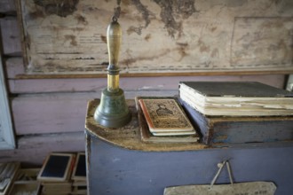 Bell and teacher's desk, old map in the background, 19th century school, Øygarden from Vågå,