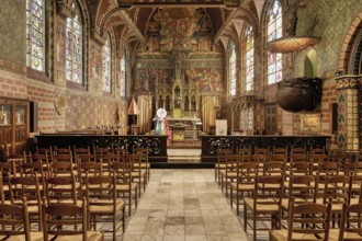 Holy Blood chapel, Central nave with Stained-glass window, Bruges, Belgium