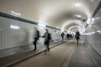 Interior view, pedestrians crossing tunnel, mopping effect, tube, historic old Elbe Tunnel, Free
