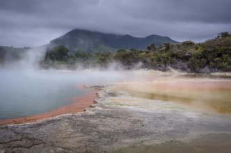 The champagne pool in the Waiotapu geothermal area (Wai-O-Tapu) . orange and yellow. Waiotapu,