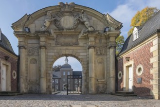 Baroque and moated castle Ahaus, magnificent portal, today the seat of the Ahaus Technical Academy,