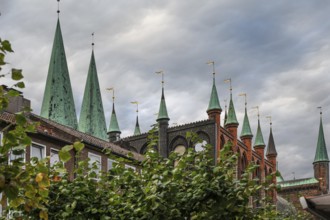 Towers of the Town Hall, built around 1240 and St. Mary's Church, Hanseatic City of Lübeck,