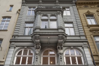 Bay window with caryatids on a historic house, 19th century, Hanseatic City of Lübeck,