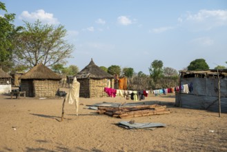 Typical village with mud huts, locals, Caprivi strip, Namibia
