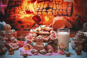A plate of colorful Christmas cookies with a glass of milk in front of a roaring fireplace