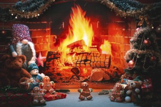 Fireplace surrounded by Christmas decorations, gingerbread and gifts