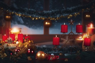Festive Christmas decoration with red candles and gifts in front of a winter window