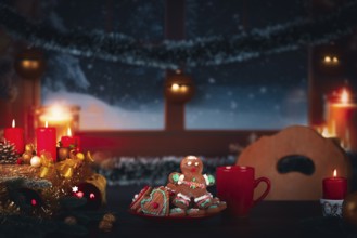 Christmas wreath with burning candles next to a plate with gingerbread in front of a window