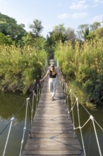 Toruist on the Kavango River, suspension bridge at Camp Kwando, Zambezi region, Caprivi Strip,