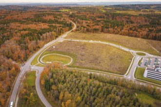 Landscape with road junction and surrounding autumnal forests and open fields, new Lindenrain