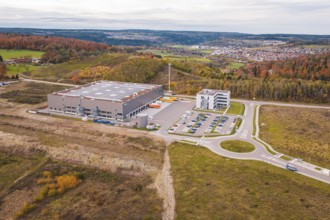 Industrial building with parking spaces in autumn hills, new Lindenrain industrial park, Calw,