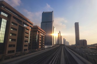 Dubai downtown financial skyline and business shopping center near Dubai Mall and subway metro line