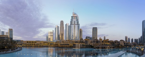 UAE, Dubai panoramic view of city downtown, Dubai Mall and Dubai Fountain