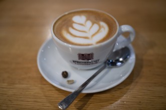 Cappuccino cup, coffee, wooden table, logo, coffee roastery, food, Free and Hanseatic City of