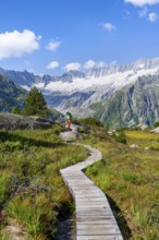 Mountaineers on wooden plank trail through mountain moor, in front of picturesque mountain scenery,