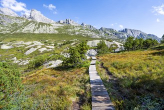 Wooden plank trail through mountain moor, in front of picturesque mountain landscape, Göscheneralp,