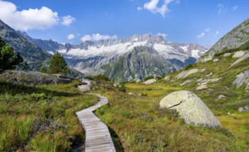 Wooden plank trail through mountain moor, in front of picturesque mountain scenery, Dammastock and