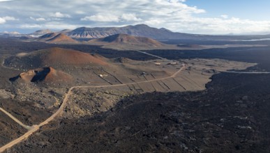 Volcanic landscape with craters and lava fields near El Golfo, aerial view, Lanzarote, Canary