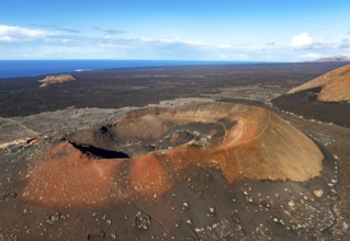 Montaña Quemada volcano, volcanic landscape with craters and lava fields, aerial view, Lanzarote,