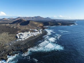 Coastal village fishing village El Golfo, volcanic landscape, coastal landscape, aerial view,