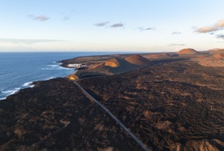 Coast with lava fields near Charco Verde, volcanic landscape in evening light, aerial view,
